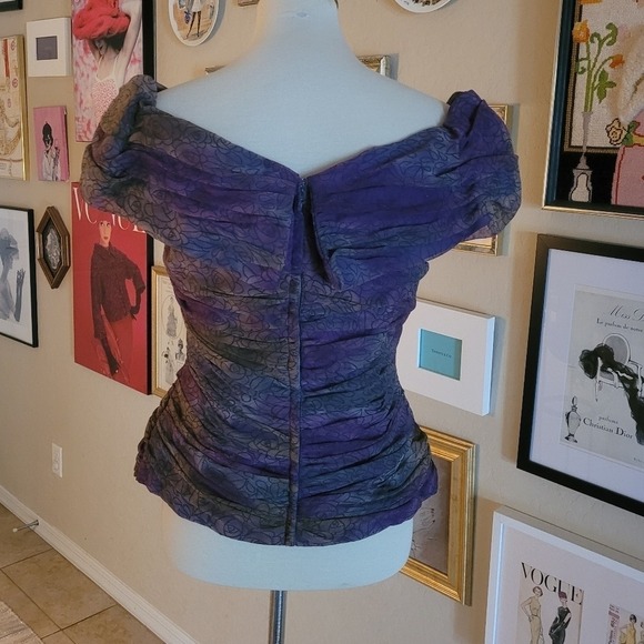 Vintage 50's Handmade Ruched Silk Dark‎ Watercolor Off the Shoulder Top - Picture 8 of 10